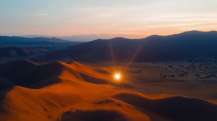 Naklejka premium Desert Sunset Golden Sands Sun Rays Mountain Landscape