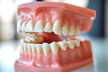 Obraz premium Close-up of a realistic dental model showing healthy teeth and gums. Ideal for dental websites, articles, and educational materials on oral hygiene.