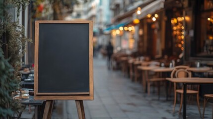 Empty Blackboard Advertisement Outside Restaurant with Tables and Chairs on Sidewalk