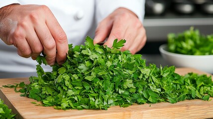 Chef preparing fresh parsley on a wooden cutting board in a busy kitchen
