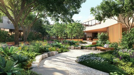 Modern Hospital Garden Design Featuring Lush Greenery and Pathways