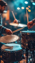 Naklejka premium A male drummer skillfully plays in a vibrant, atmospheric setting.