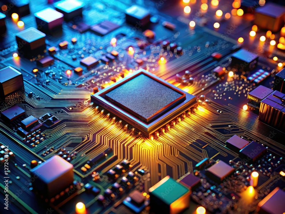 Poster microscopic details of a circuit board illuminate, showcasing advanced processor technology.