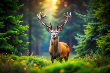 Majestic Red Deer Stag with Velvet Antlers in Spring Spruce Forest - Tilt-Shift Photography