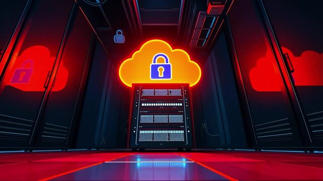 Futuristic data center with glowing cloud lock symbol, showcasing secure server technology and vibrant lighting