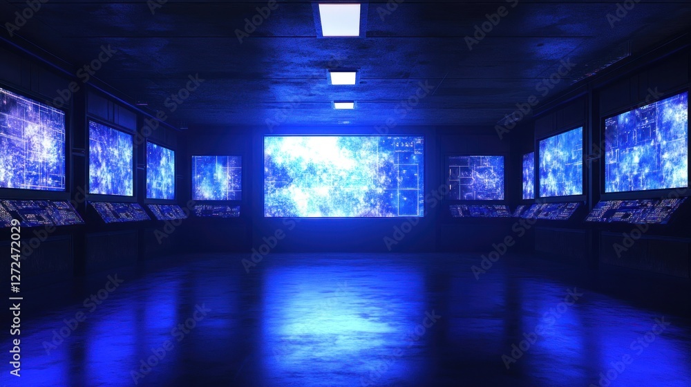 Poster futuristic control room with multiple data screens