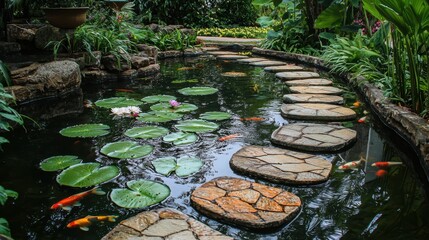 Tranquil Garden Scene with Pond and Water Lilies Surrounded by Nature