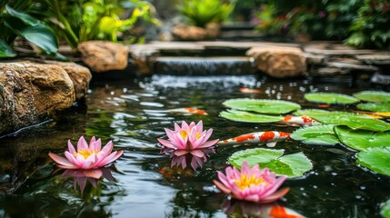 Tranquil Hospital Garden Featuring Small Pond with Water Lilies