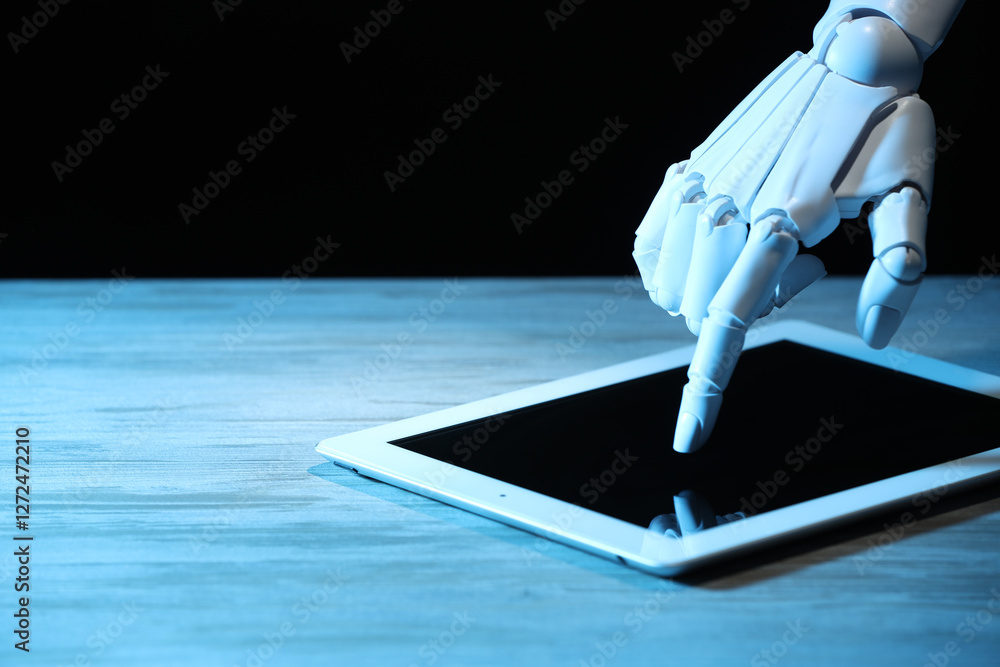 Poster artificial intelligence. robot hand using tablet at wooden table, closeup. space for text