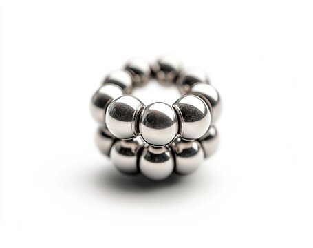 Close-up of a modern, metallic bracelet composed of interconnected spheres. The sleek design reflects light beautifully.