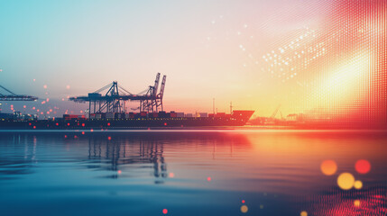 Obraz premium Container truck in ship port for business Logistics and transportation of Container Cargo ship and Cargo plane with working crane bridge in shipyard at sunrise, logistic import export and transport