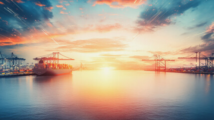 Naklejka premium Container truck in ship port for business Logistics and transportation of Container Cargo ship and Cargo plane with working crane bridge in shipyard at sunrise, logistic import export and transport