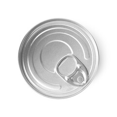 One closed tin can isolated on white, top view
