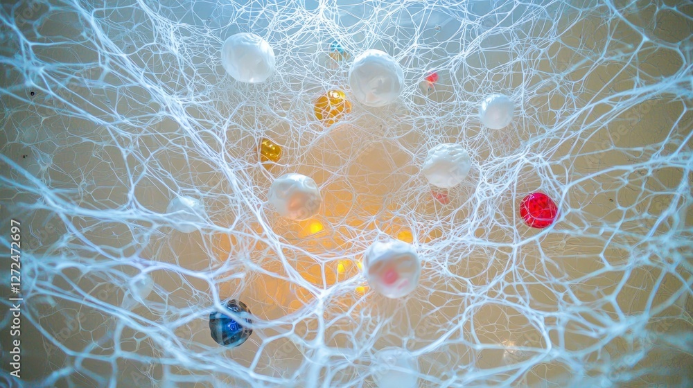 Poster abstract colorful spheres entangled in intricate web modern art design background
