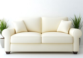 Fototapeta premium Elegant Cream Sofa with Decorative Cushions and Indoor Plants