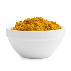 Turmeric powder in bowl isolated on white