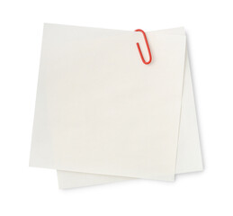 Blank paper notes attached with clip isolated on white, top view