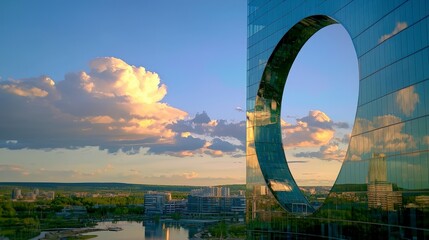 Fototapeta premium Stunning Sunset Reflected in Modern Office Building s Curve Glass Facade