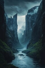 Majestic Canyon with Misty Mountains and Serene River Landscape
