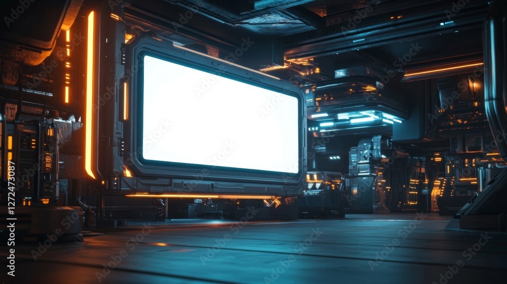 Aufkleber futuristic interior with illuminated empty display panel and metallic structures