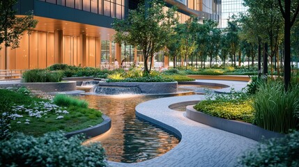 Tranquil Garden Landscape with Water Features and Modern Design