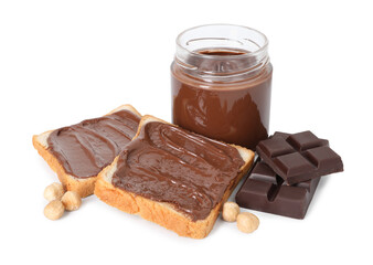 Tasty sandwiches with chocolate butter, pieces of chocolate and hazelnuts isolated on white