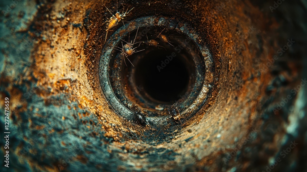 Poster intricate macro shot of rusty pipe with insects and textures
