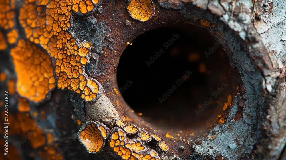 Poster intricate macro composition of rust and lichen with detailed texture