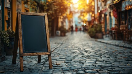 Wooden Framed Chalkboard Sign on Cobblestone Street with Warm Sunlight and Historic Buildings