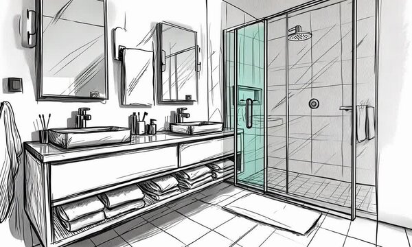 Modern bathroom design sketch featuring dual sinks, mirrors, and a glass shower enclosure