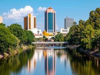 City skyline reflected in calm river, sunny day, park, bridge