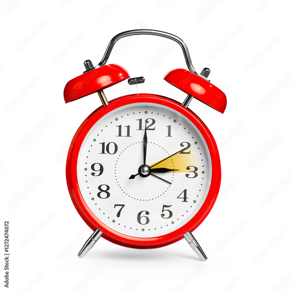 Poster Daylight saving time. Red alarm clock on white background. Highlighted area showing time change by one hour forward