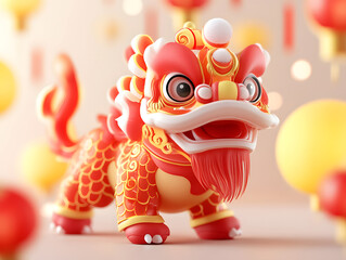 3d cartoon Chinese traditional Spring Festival and New Year lion dance illustration, national trend lion dance illustration