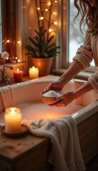 Woman adding bath salts to a cozy tub while preparing for a winter self-care ritual