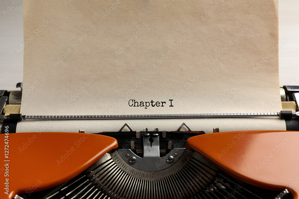 Fototapete typewriter with sheet of paper, closeup. typed text chapter 1