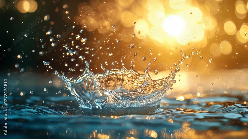 Poster sparkling water splash in macro view under soft golden light