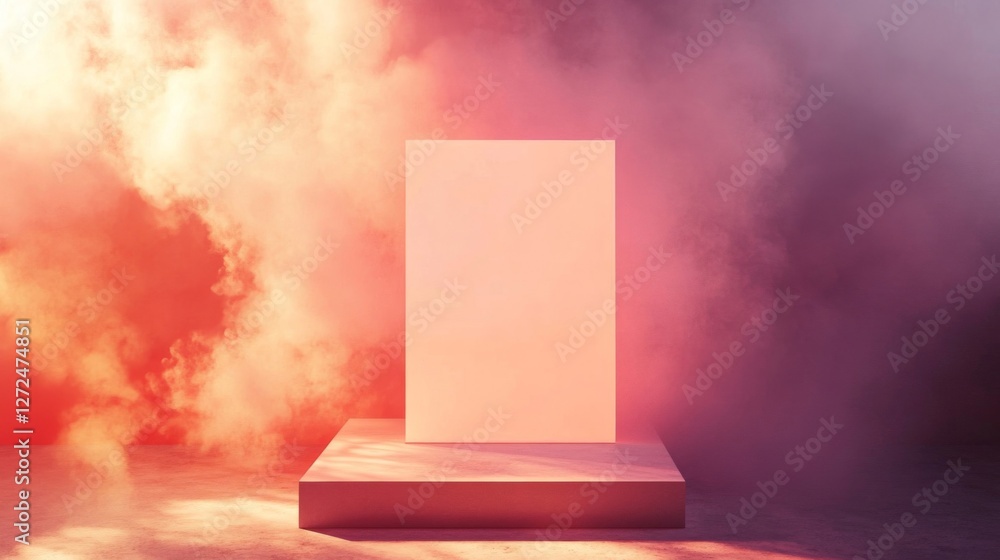 Aufkleber abstract smoke and fog with geometric block on platform in red and pink hues