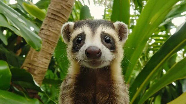 A charming ferret displays its curious nature while nestled among vibrant plants in a tropical environment, showcasing its adorable features and lively spirit