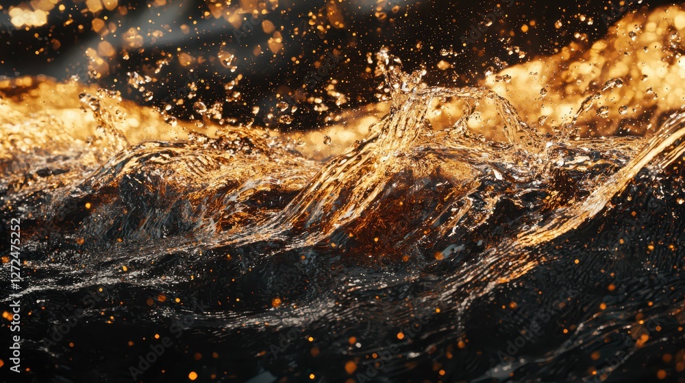Poster mesmerizing water splashes in dynamic composition with golden hues