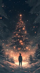 Obraz premium A child gazes at a glowing Christmas tree in a snowy forest setting.