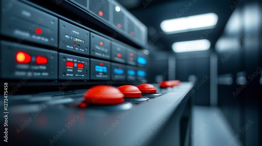 Poster futuristic server room data center technology network control panel buttons lights s