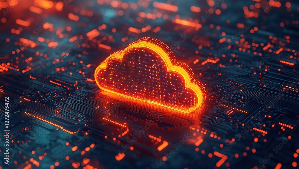Poster exploring cloud computing: data storage, servers, and network infrastructure, digitally illustrated