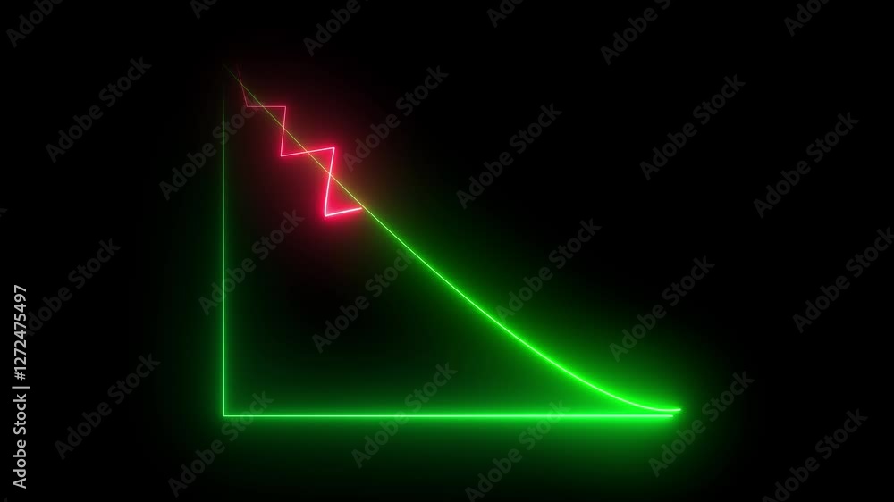 Poster abstract glowing neon falling business graph chart, upward and down animation on black background. 4