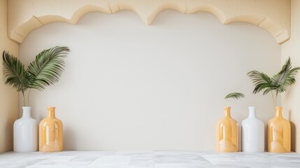 Minimalist Beige Room Decor  Palm Leaves  Vases  Stucco Wall  Interior Design