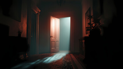 A bright light shines from an open door in a dark room, creating a beam of light across the floor. 3d render. Surreal Glowing Pathways. Illustration