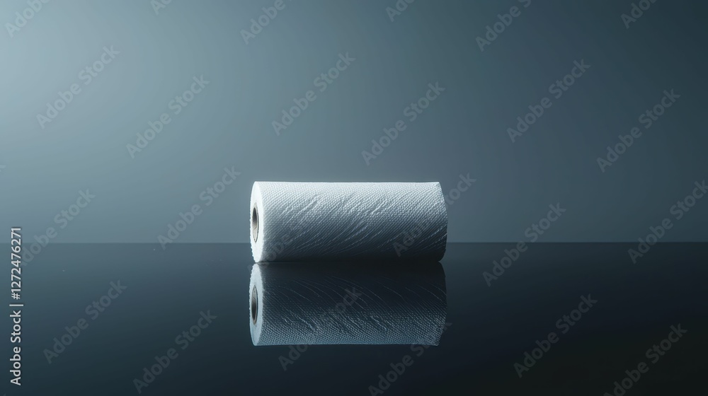 Poster minimalist image of a single paper towel roll on a reflective surface