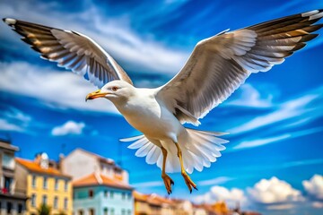 Fototapeta premium Majestic Seagull in Flight, Soaring Against a Vivid Blue Sky