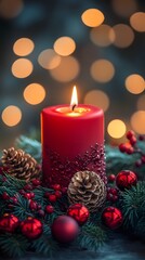 Red candle surrounded by festive decorations and glowing lights.
