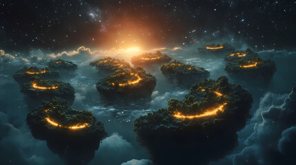 Obraz premium A surreal scene of floating islands connected by a glowing pathway, with the vast cosmos in between. Surreal Glowing Pathways. Illustration
