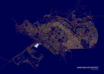 vector map of buildings waterway and highways in sham shui po district in hongkong with blue and orange color